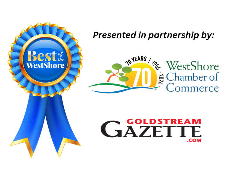 Blue and gold 'Best of the WestShore' ribbon award, with accompanying logos and the text 'Presented in partnership by:' (WestShore Chamber of Commerce and Goldstream Gazette)